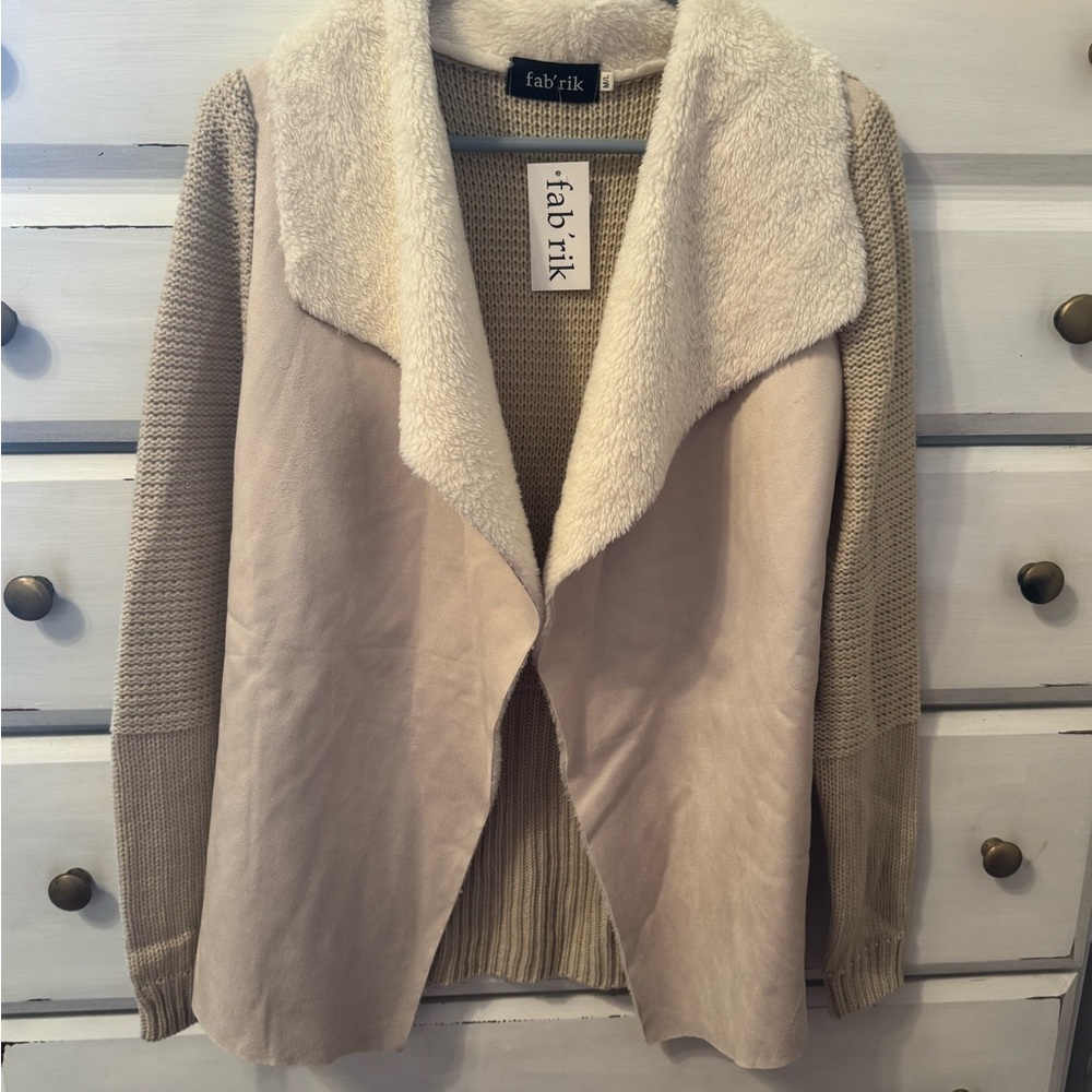 Fab'rik Mixed Media Knit Jacket in Cream and Tan Fur Shrug M/L